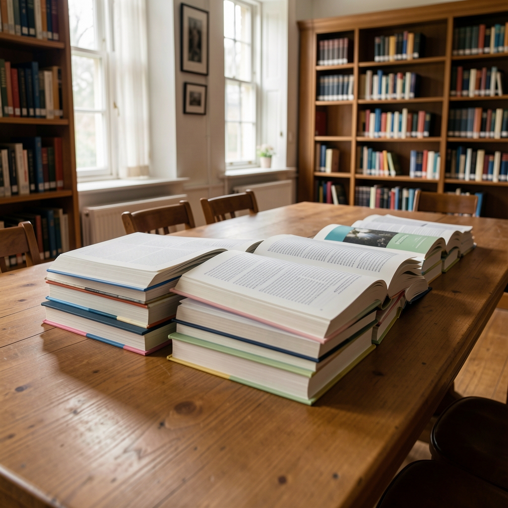 Stack of open reference books and journals on a wide wooden reading table in a naturally lit library room, representing organized knowledge and editorial research