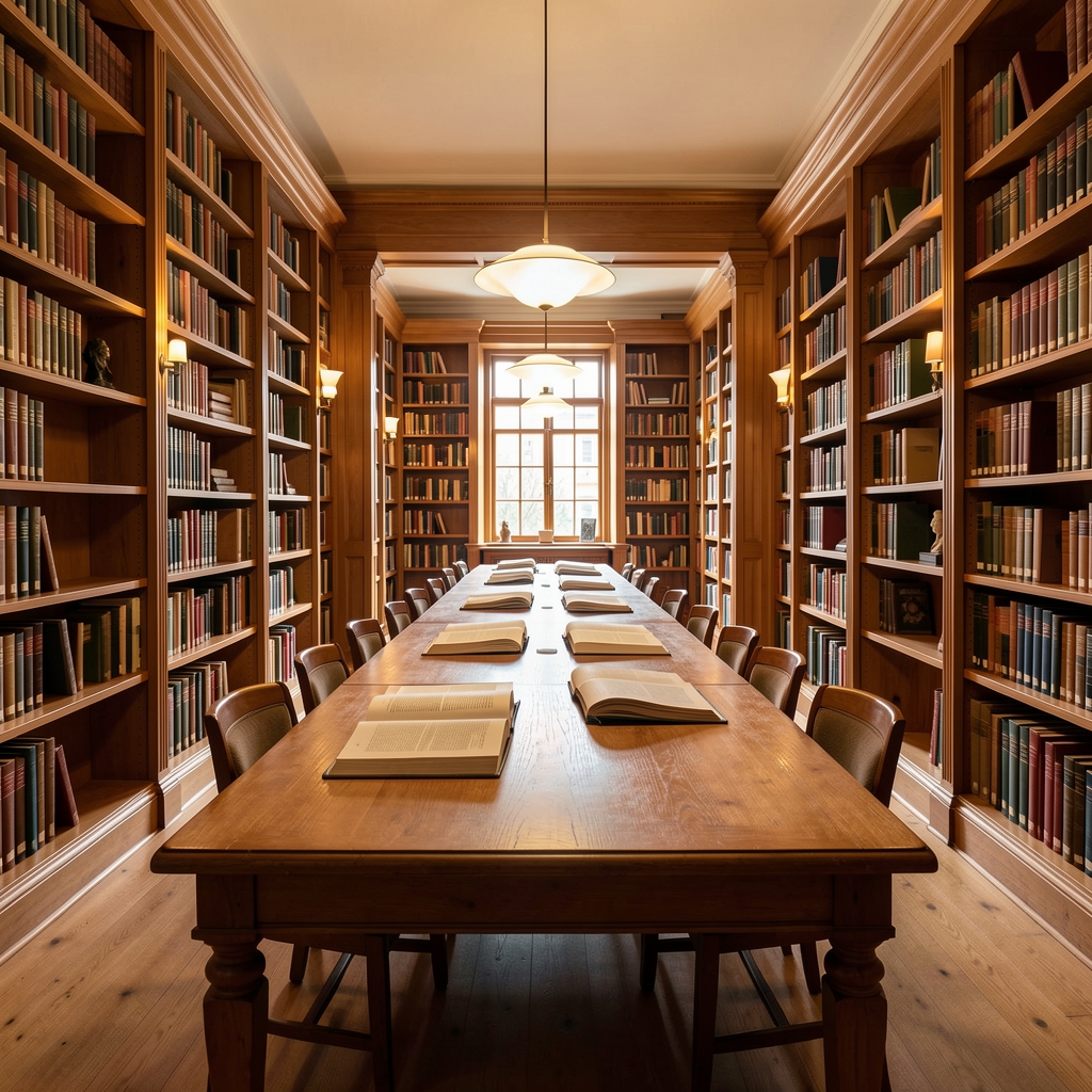 Wide library reading room with tall wooden bookshelves, warm ambient lighting, and a long wooden table with open books, evoking a place of structured intellectual inquiry