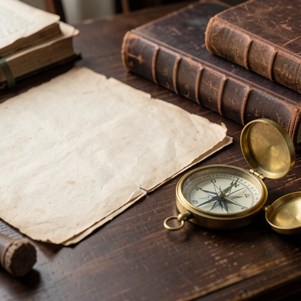 Close-up of aged parchment documents, worn leather-bound books, and a vintage compass on a dark wooden desk, evoking historical research and archival scholarship
