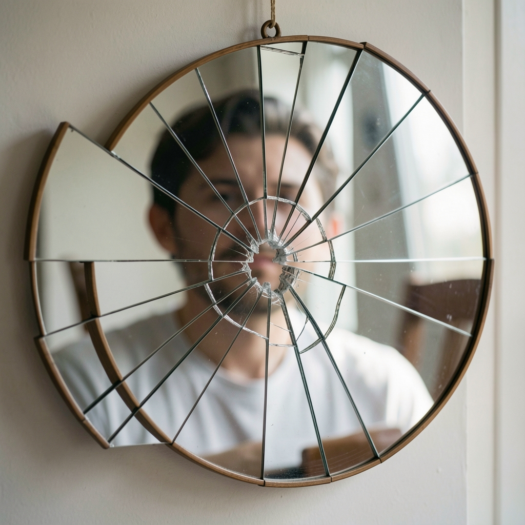Abstract photograph of a cracked mirror reflecting a distorted image, symbolizing misconceptions and the process of clarifying misunderstood ideas