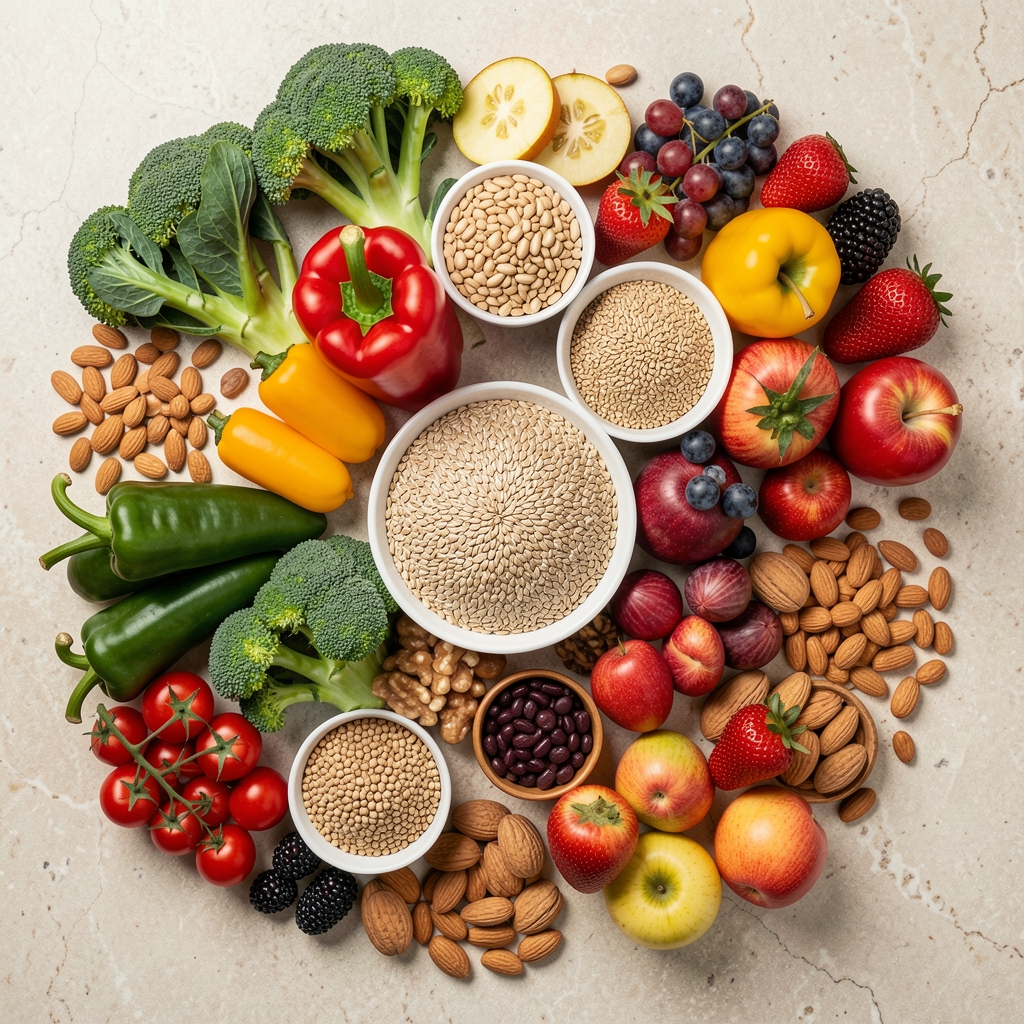 Vibrant overhead flat lay of colorful fresh vegetables, whole grains, legumes, fruits, and nuts arranged on a light stone surface, representing balanced nutritional variety