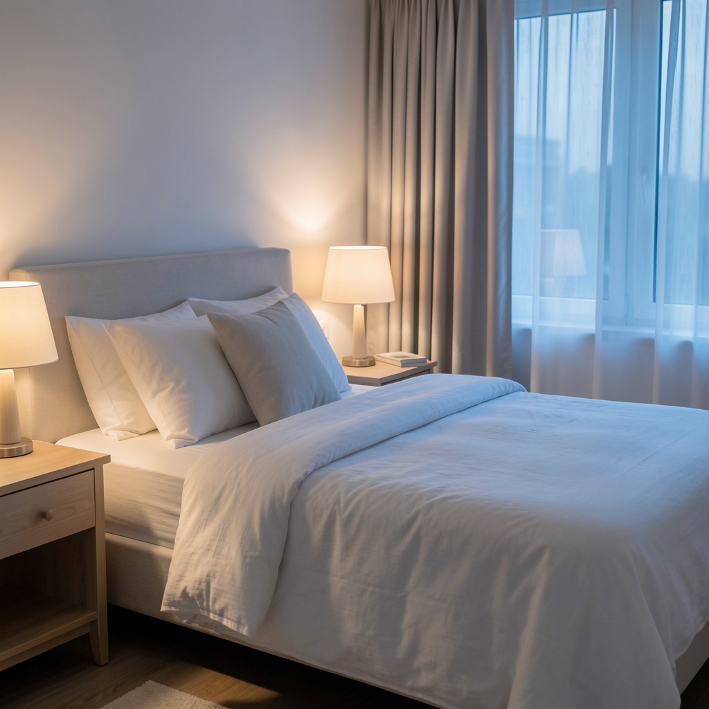 Serene bedroom scene with soft white linen, a bedside lamp casting warm light, and early morning blue light coming through curtains, representing restful sleep and quiet recovery