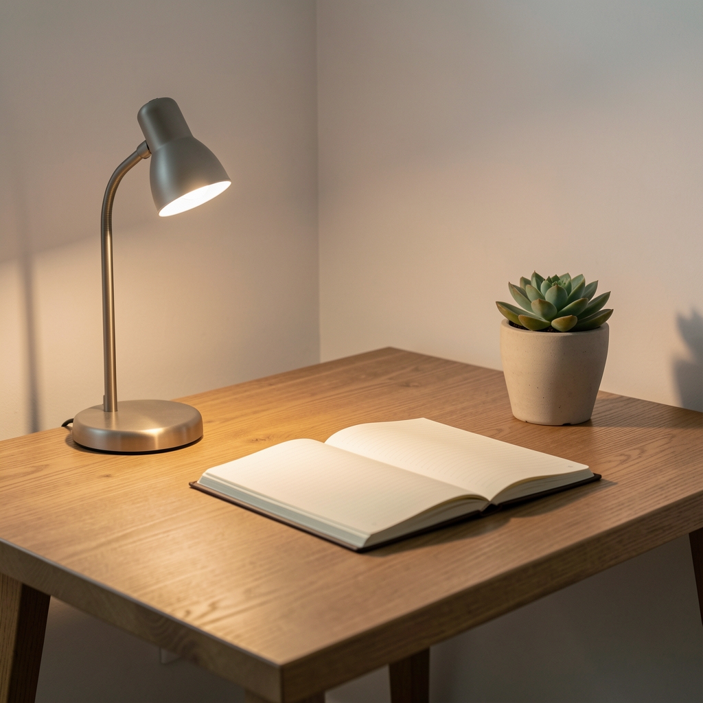 Quiet modern workspace with a wooden desk, a small lamp casting warm light, an open notebook, and a potted succulent, creating a calm and approachable setting for communication