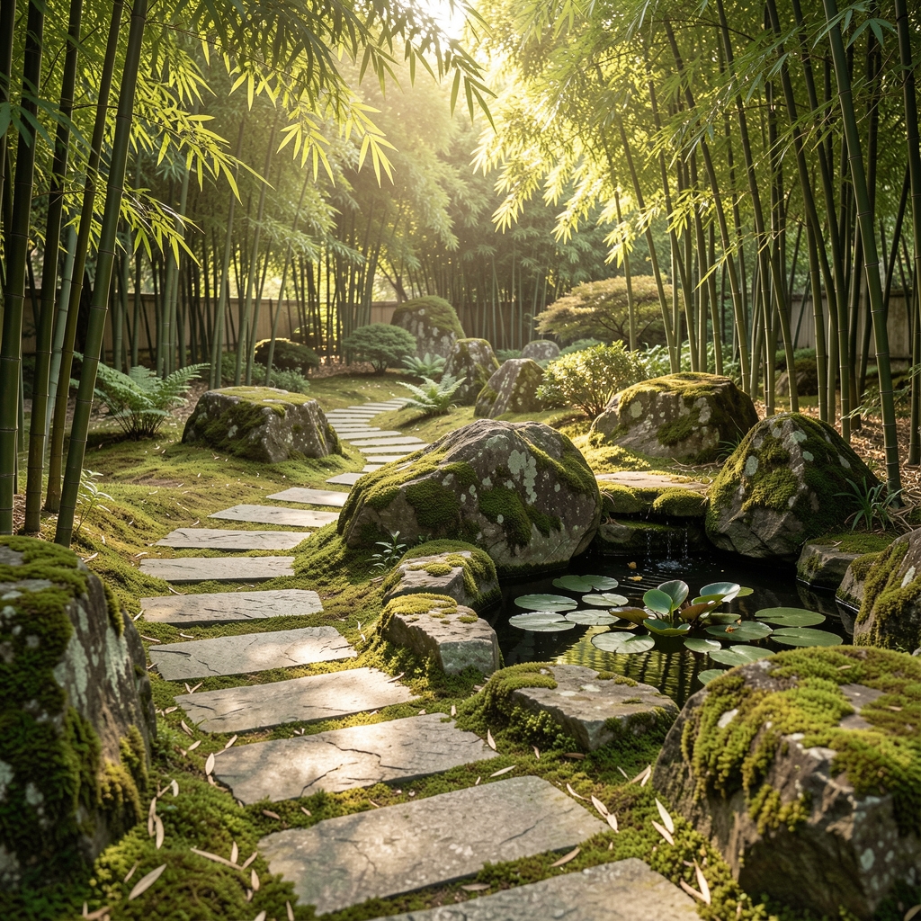 Tranquil Japanese garden scene with a stone path, moss-covered rocks, a small pond with lily pads, and soft filtered sunlight through bamboo, conveying peace and contemplation