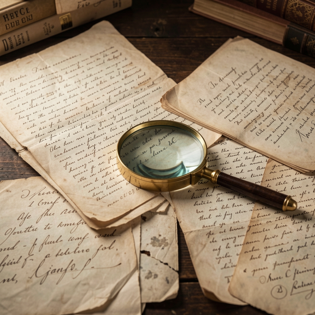 Aged historical documents and handwritten manuscripts spread on a dark wooden table with a magnifying glass, evoking scholarly research and archival study