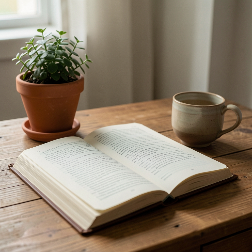 Close-up of an open notebook on a wooden desk beside a small potted plant and a ceramic cup, representing quiet focused reading in a calm environment