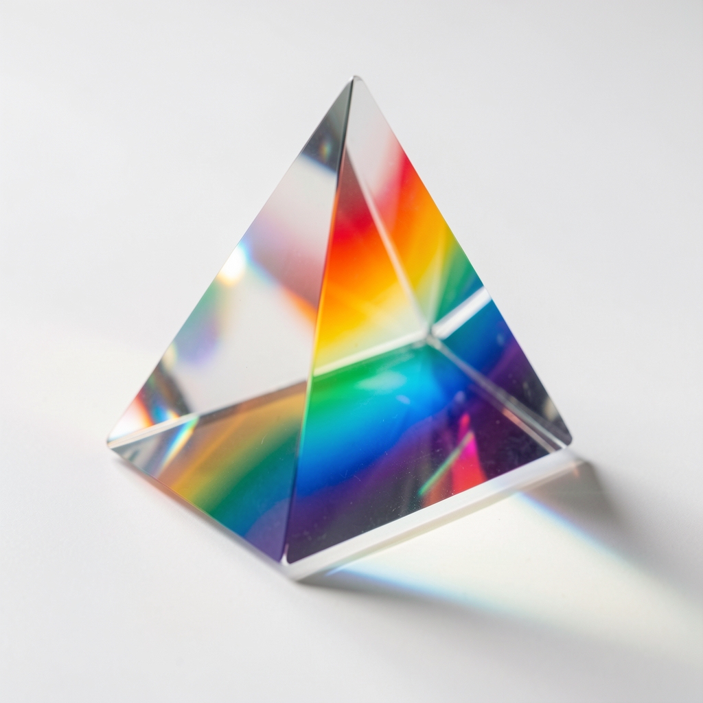 Abstract photograph of light diffracting through a glass prism on a white surface, splitting into spectrum colors representing the clarification of complex ideas